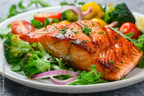 Grilled salmon fish fillet and fresh green leafy vegetable salad with tomatoes