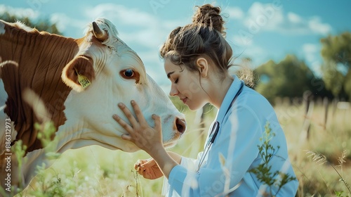 Young veterinarian woman taking care of the health of a cow in a farm wearing white vet uniform , the girl is doing the profession with love for farm animals  photo