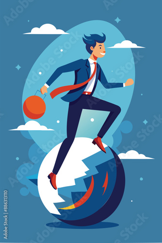 Outsmarting Competition: Businessman Runs Effortlessly on Sphere, Demonstrating Smarter Strategies for Success