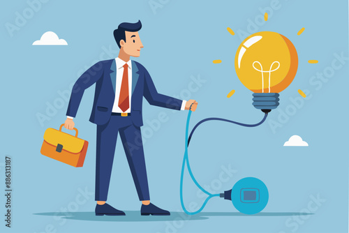 Jumpstarting New Business Ideas: Businessman Connecting Electricity to Lightbulb for Problem-Solving and Creativity