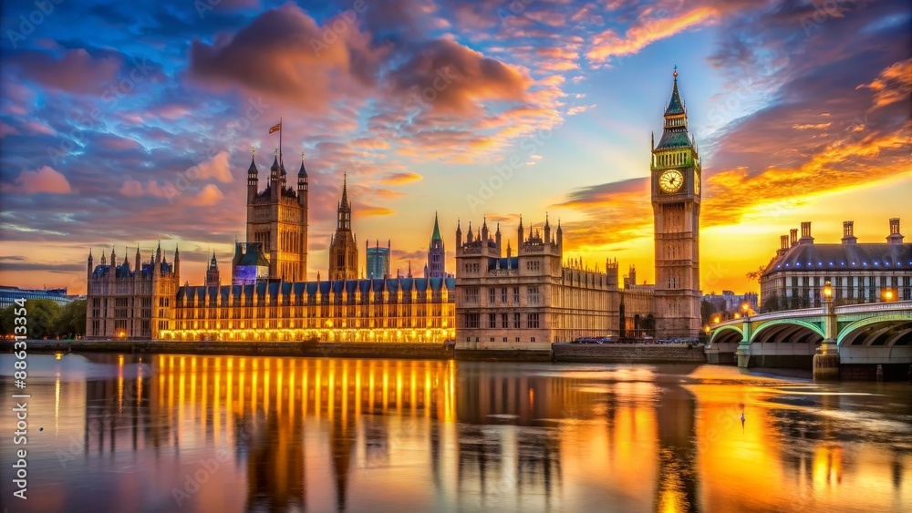 Naklejka premium Iconic Big Ben and Houses of Parliament lit up at sunset