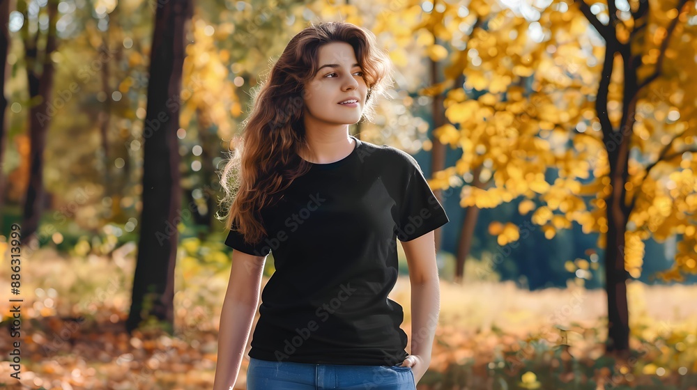 Young plus size woman wearing blank empty black tshirt mockup for design template in the park Young plus size woman wearing blank empty black tshirt mockup for design template in the park