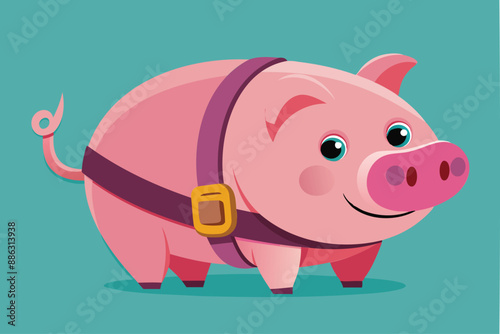 Pink Piggy Bank Tightening Belt, Representing Cost-Cutting Measures During Economic Downturn