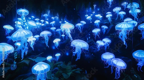 bioluminescents jellyfish on underwater park. © Anditya