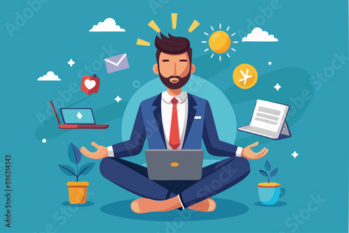 Genius businessman meditating while working on floating laptop, showcasing expertise and smart thinking for problem-solving