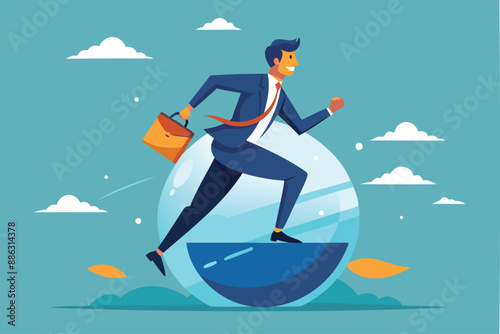 Outsmarting Competition: Businessman Runs Effortlessly on Sphere, Demonstrating Smarter Strategies for Success
