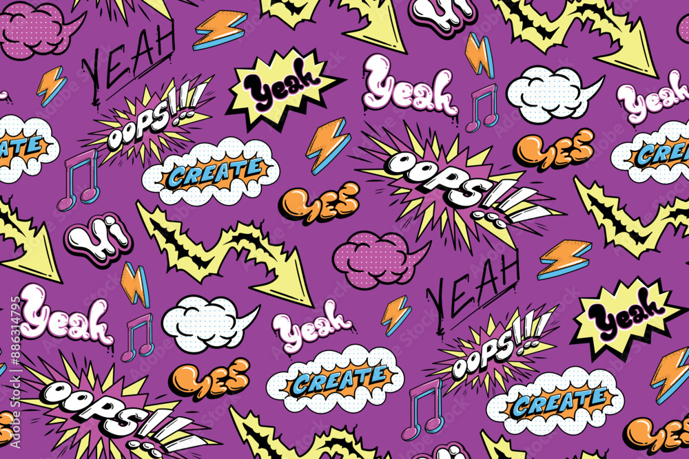 Obraz premium Seamless graffiti lettering pattern in pop art style with text Cool, super, wow, hi. Old-fashioned design. Comics style ornament for printing on fabric, wrapping paper, sport textile. Comics typograph