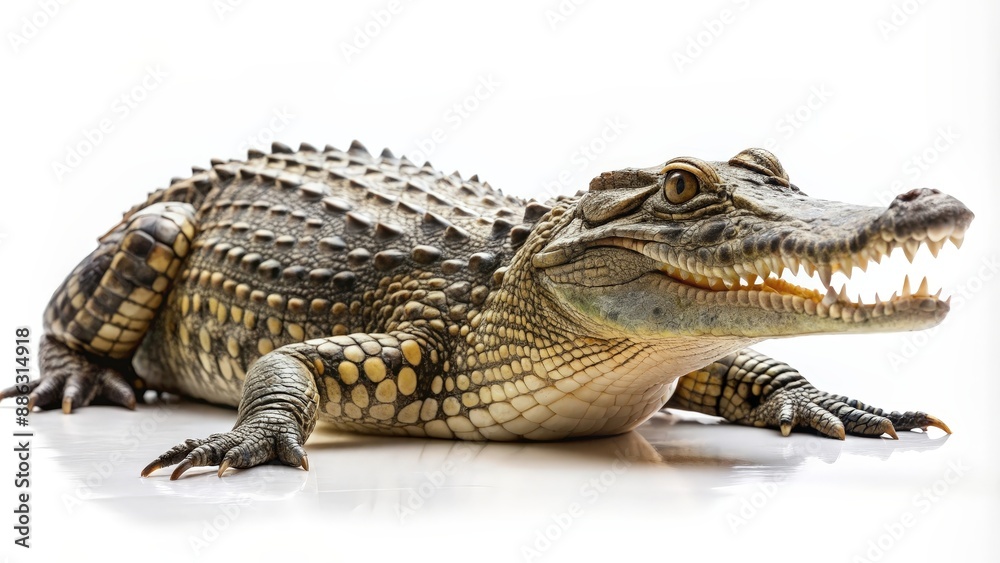 Fototapeta premium Crocodile isolated on white background, wildlife, reptile, predator, dangerous, animal, fierce, jaws, teeth, scales, exotic
