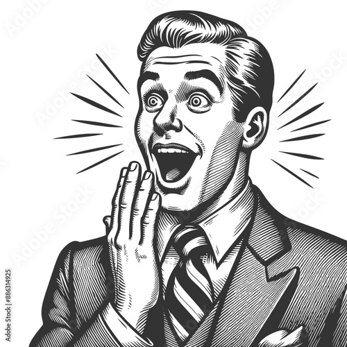 surprised man in a suit, displaying an expressive reaction with hand near face sketch engraving generative ai fictional character vector illustration. Scratch board imitation. Black and white image.