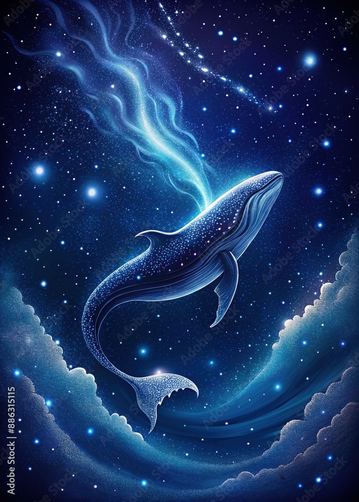 Fototapeta premium Digital magical concept of sea animals. Frame design for connecting light. The starry sky and the Milky Way, along which a strong, massive whale is swimming. Texture background, photo wallpaper