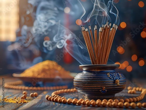  incense burner with burning incense sticks alongside a rosary beads, with ample empty space around them to highlight their use in rituals and prayer. photo