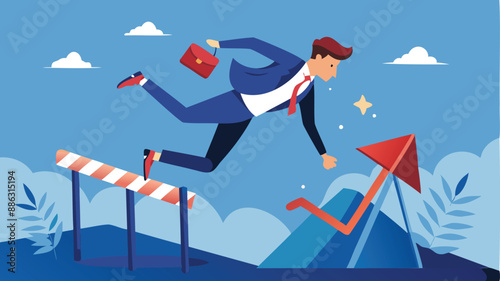 Overcoming Business Failure: Frustrated Businessman Failing to Jump Hurdle and Falling to the Ground
