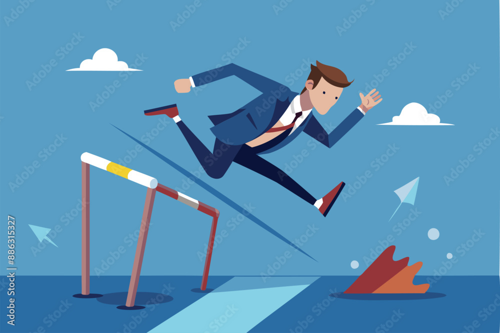 Overcoming Business Failure: Frustrated Businessman Failing to Jump Hurdle and Falling to the Ground Overcoming Business Failure: Frustrated Businessman Failing to Jump Hurdle and Falling to the Ground