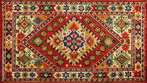 Handmade Slavic folklore carpet with intricate patterns from Russia, Serbia, Poland, Czechia, Slovakia, Slovenia © sujanya