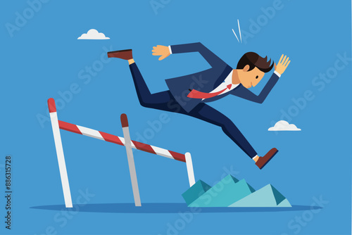 Overcoming Business Failure: Frustrated Businessman Failing to Jump Hurdle and Falling to the Ground