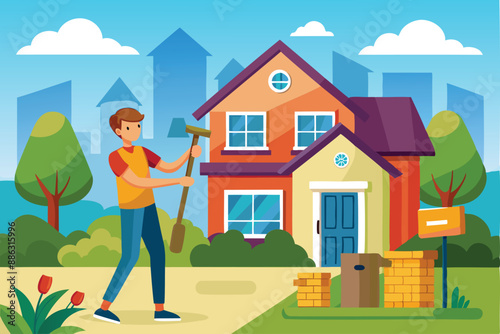 Home Owner Hammering "For Sale" Sign in Front of House, Preparing to Move to New Home