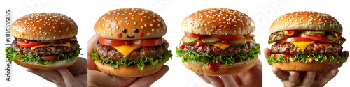 Set of A Burger King Whopper gripped by a brown hand, on a transparent background photo