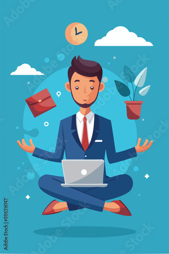 Genius businessman meditating while working on floating laptop, showcasing expertise and smart thinking for problem-solving