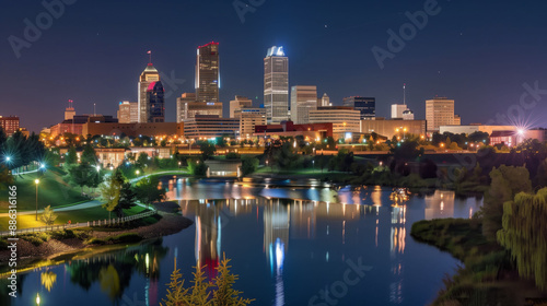 Nighttime View of Omaha's Skyline Reflected in a Calm River