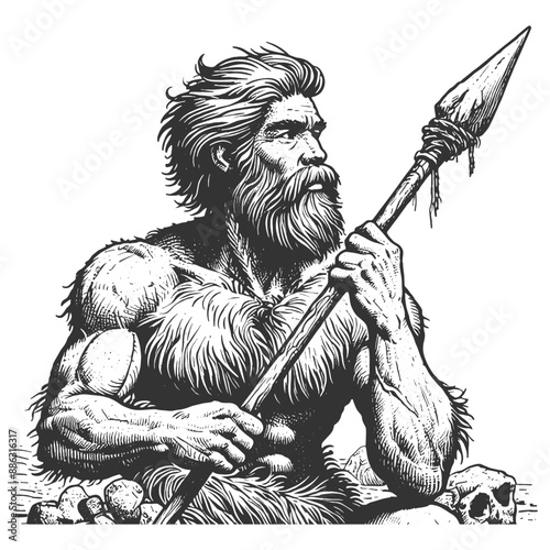 prehistoric caveman holding a spear, showcasing primitive human life and ancient survival tools sketch engraving generative ai vector illustration. Scratch board imitation. Black and white image.