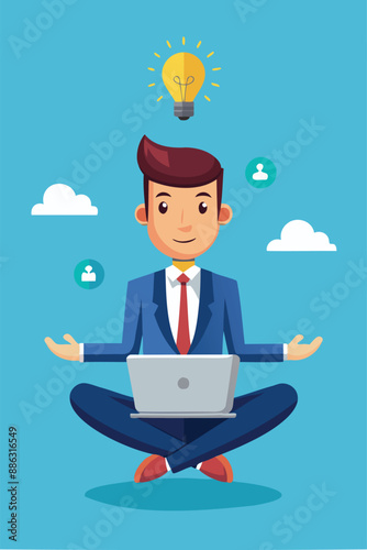 Genius businessman meditating while working on floating laptop, showcasing expertise and smart thinking for problem-solving
