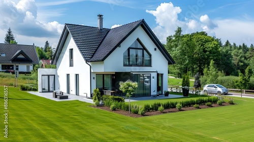 A white luxurious house with a green lawn in front.