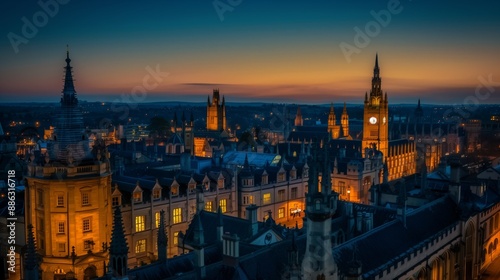 Illuminated Oxford Skyline at Dusk With Iconic Towers