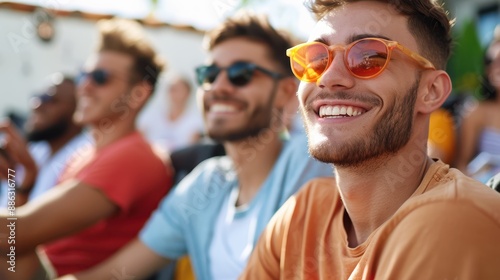 Several individuals sit closely together, attentively watching an outdoor event, reflecting collective engagement and interest while enjoying a sunny day.