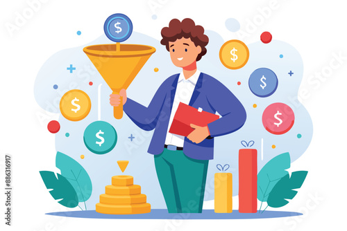 Marketer Holding Funnel with Flowing Purchase Money, Representing Marketing or Sales Funnel and Customer Conversion Rate