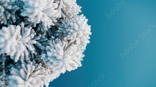 This close-up photograph displays frost-covered pinecones against a brilliant blue backdrop, creating a striking contrast that highlights the intricate details of the frost decorations. photo