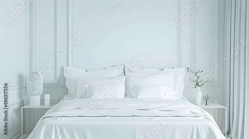 White hotel bedroom interior with bed and decoration. Mockup frame