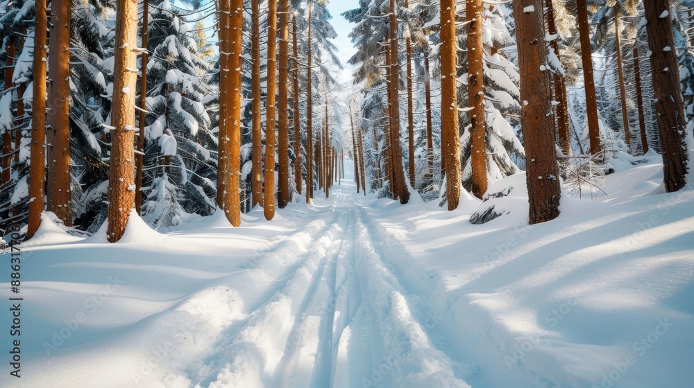 A snow-covered pathway through a dense forest of tall pine trees, bathed in soft light, creating a peaceful and inviting winter scene perfect for nature lovers. A snow-covered pathway through a dense forest of tall pine trees, bathed in soft light, creating a peaceful and inviting winter scene perfect for nature lovers.