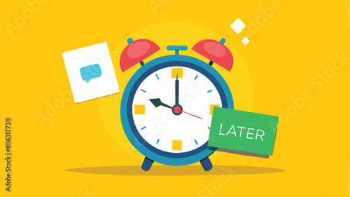 Procrastination Concept: Sticky Note with "Later" Written on It, Attached to an Alarm Clock on Bright Yellow Background