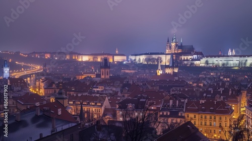 Nighttime View of Prague's Skyline Featuring Prague Castle