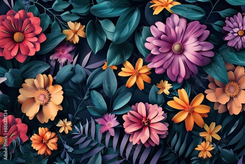Colorful paper flowers arranged on green leaves