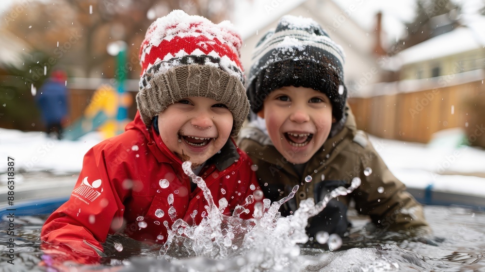 Two children, dressed in red and green winter jackets, enjoy splashing in water during a snowy winter day, smiling and laughing with pure joy. Two children, dressed in red and green winter jackets, enjoy splashing in water during a snowy winter day, smiling and laughing with pure joy.