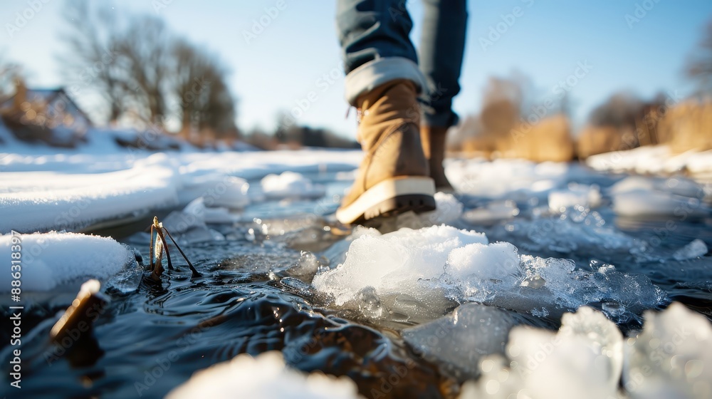 This image depicts a person walking carefully on icy water wearing sturdy boots, under bright sunlight. The scene captures the adventurous spirit and resilience in a beautiful winter landscape. This image depicts a person walking carefully on icy water wearing sturdy boots, under bright sunlight. The scene captures the adventurous spirit and resilience in a beautiful winter landscape.