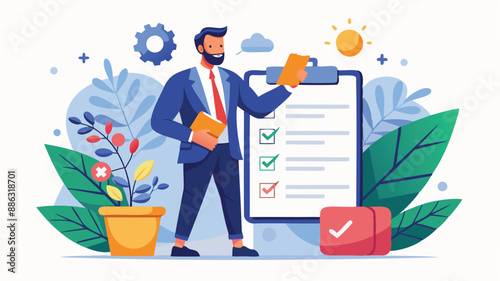 Project Management: Businessman Tracking Completed Tasks on Checklist to Reach Goal