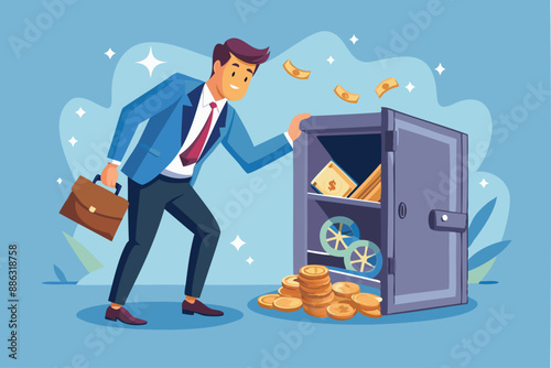 Passive Income: Relaxed Businessman Opens Safe with Wealthy Treasure, Achieving Financial Freedom through Investment Profits
