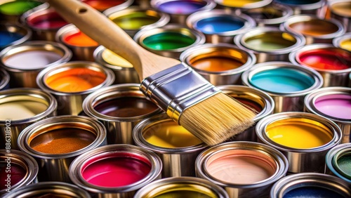 Close-up view of various paintbrushes and colorful paint cans, paintbrushes, paint cans, close-up, colorful