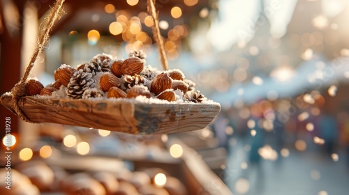 A close-up of a wooden basket filled with walnuts and pinecones dusted with snow in a beautifully lit Christmas market, reflecting an essence of tradition and festive warmth. photo