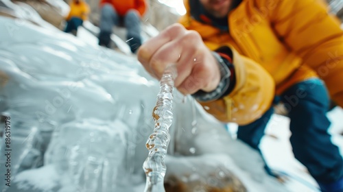 A close-up of a person’s hand gripping an ice-covered rope, showcasing the ruggedness and adventure of ice climbing in a snowy, mountainous environment. photo