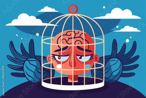 Fearful human brain trapped in birdcage, refusing to learn and grow due to fixed mindset and negative emotions