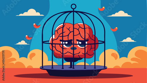 Fearful human brain trapped in birdcage, refusing to learn and grow due to fixed mindset and negative emotions