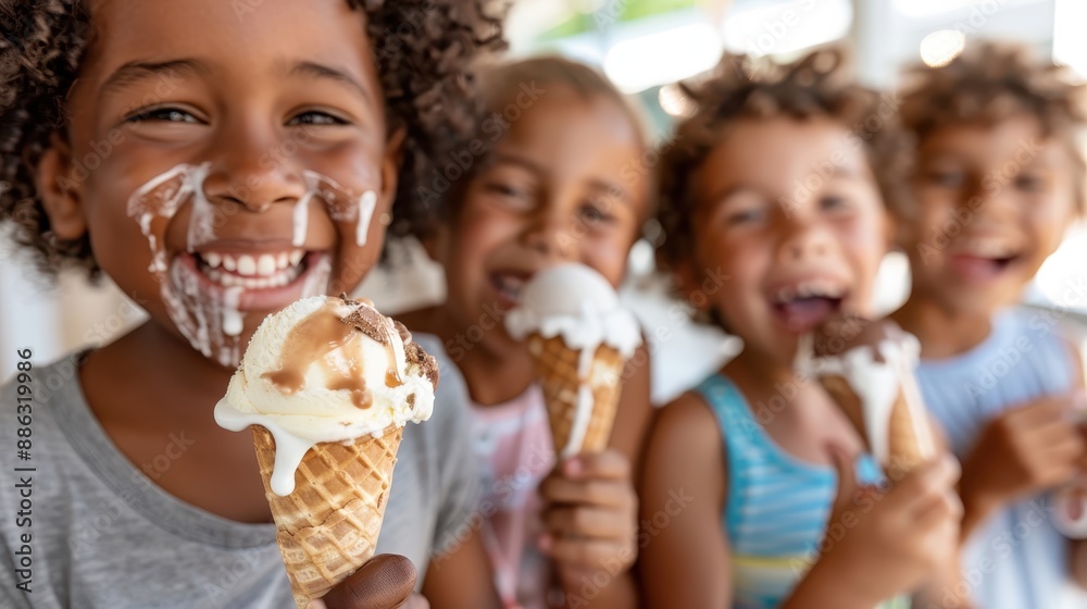 Four kids with joy and laughter enjoy ice cream cones on a bright, sunny day, showcasing a delightful moment of shared happiness and friendship among young children. Four kids with joy and laughter enjoy ice cream cones on a bright, sunny day, showcasing a delightful moment of shared happiness and friendship among young children.