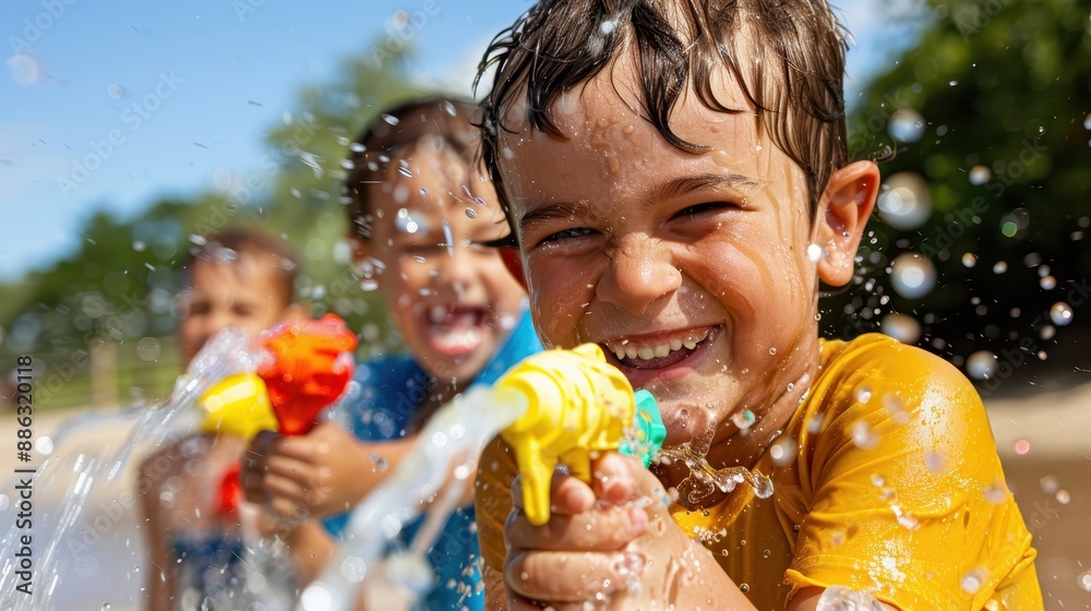 Three kids, with joyous expressions, engage in an exciting water fight using colorful water guns, embodying summertime fun and playfulness at a beach or pool setting. Three kids, with joyous expressions, engage in an exciting water fight using colorful water guns, embodying summertime fun and playfulness at a beach or pool setting.