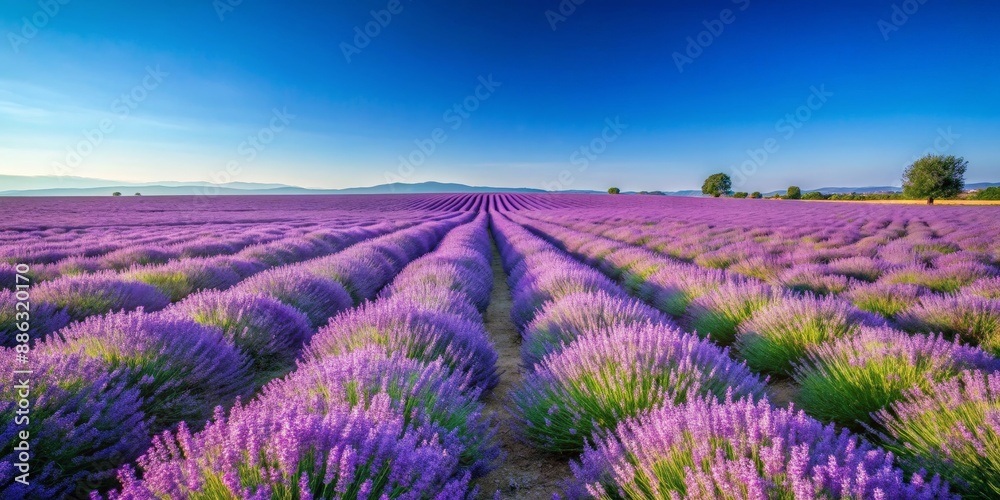 Obraz premium A vast expanse of blooming lavender fields under a clear blue sky, lavender, fields, vast, flowers, purple, landscape