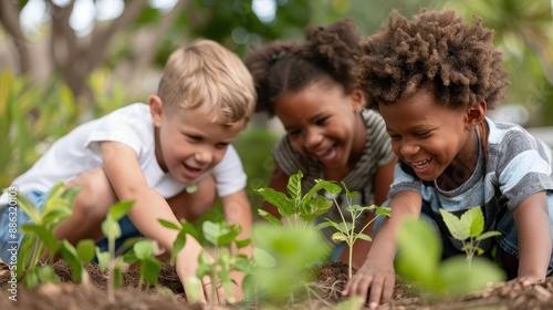 Three kids happily participate in gardening, planting young plants in the soil, showcasing their interest in nature and teamwork as they learn about nurturing nature together.