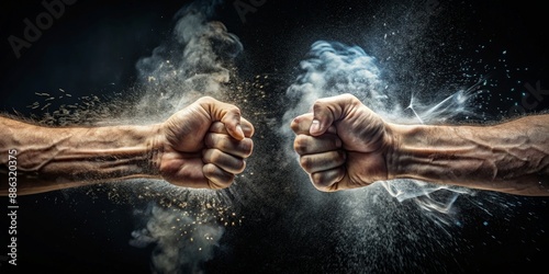 Close up of two fists hitting each other over dark background, fight, conflict, struggle, violence, aggression, competition, combat