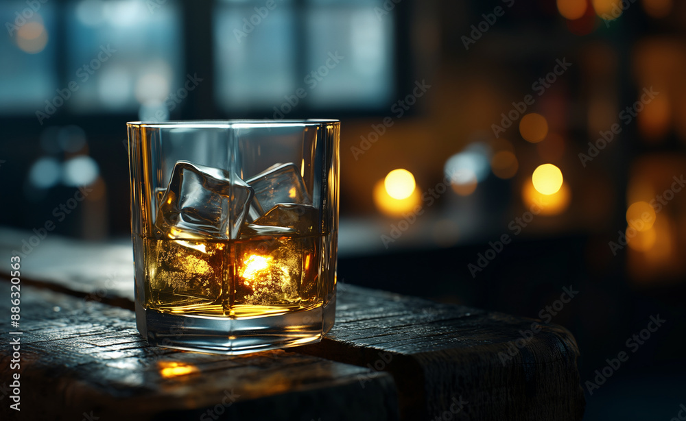 A glass of whiskey with ice cubes on a wooden bar counter, softly lit in a warm atmosphere. A glass of whiskey with ice cubes on a wooden bar counter, softly lit in a warm atmosphere.